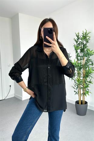 Siyah Şifon Saten Gömlek