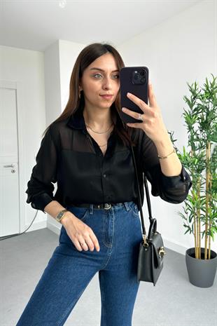 Siyah Şifon Saten Gömlek