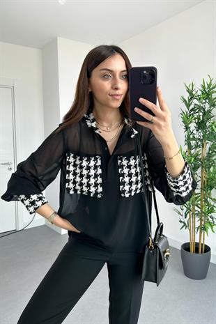 Siyah Tüvit Detaylı Şifon Gömlek