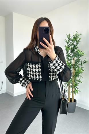 Siyah Tüvit Detaylı Şifon Gömlek