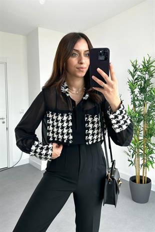 Siyah Tüvit Detaylı Şifon Gömlek