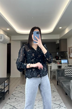 Tally Siyah Şifon Gömlek