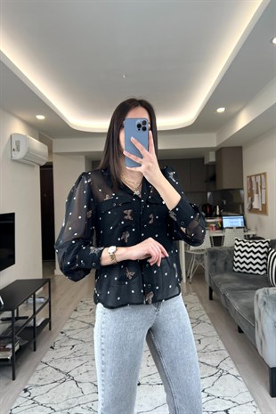 Tally Siyah Şifon Gömlek