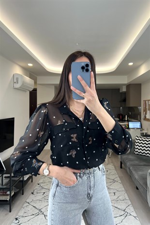 Tally Siyah Şifon Gömlek