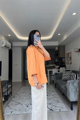 Turuncu Cep Detaylı Keten Gömlek