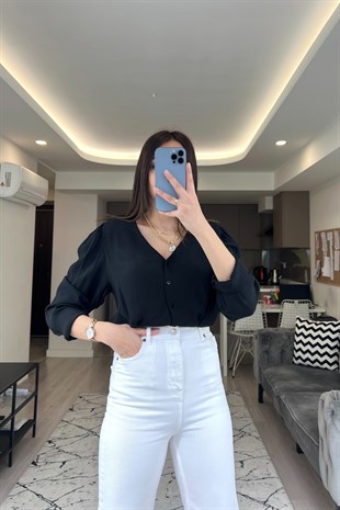 Weiji Siyah Düğmeli Gömlek