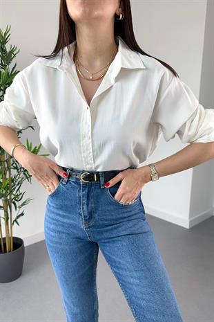 Wexta Beyaz Kalın Manşetli Modal Kumaş Gömlek