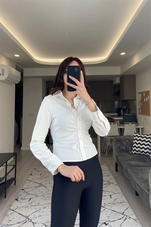 ZR Beyaz Büzgülü Gömlek