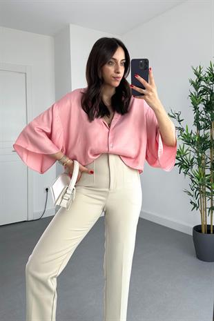 ZR Pembe Pelerin Kollu Saten Gömlek