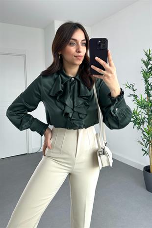 ZR Zümrüt Yeşili Fırfırlı Saten Gömlek
