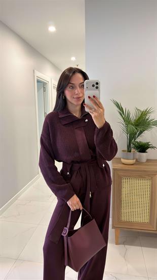 Gonisa Bordo Kemerli Hırka Pantolon Takım