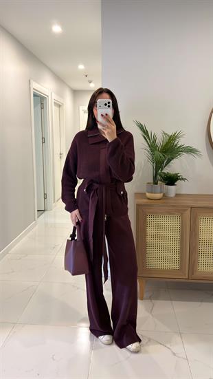 Gonisa Bordo Kemerli Hırka Pantolon Takım