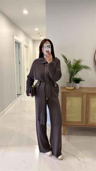 Gonisa Kahve Kemerli Hırka Pantolon Takım