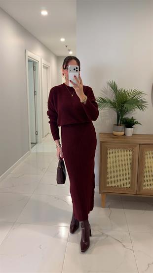 Gontre Bordo Yumuşak Dokulu Uzun Elbise