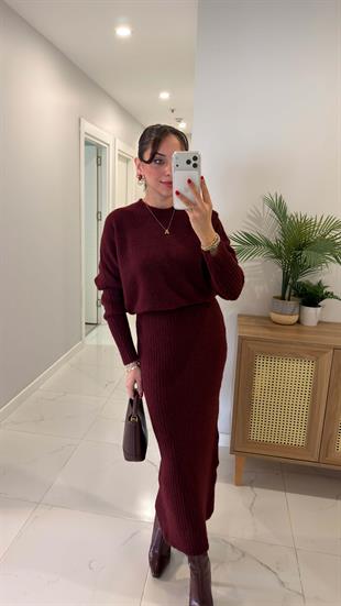 Gontre Bordo Yumuşak Dokulu Uzun Elbise