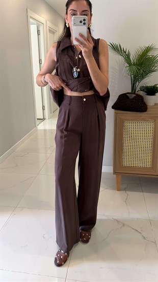 Gosinra Kahve Transparan Detaylı Bluz Pantolon Takım