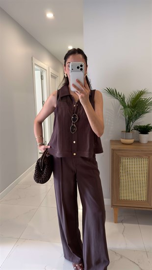 Gosinra Kahve Transparan Detaylı Bluz Pantolon Takım
