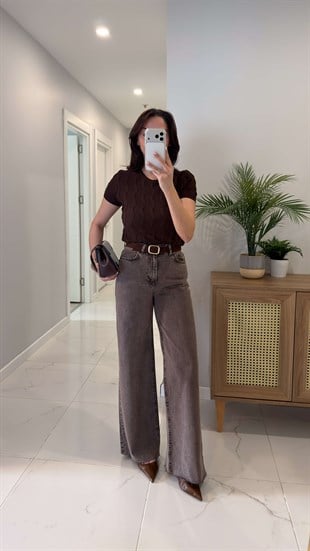 Gostra Kahve Kemerli Kesik Paça Wıde Leg Jean