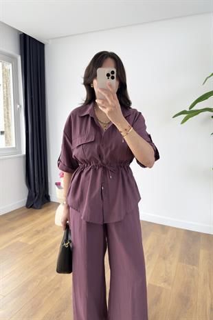 Grow Bordo Cep Detaylı Bel Bağlamalı Gömlek Pantolon Takım