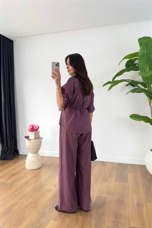 Grow Bordo Cep Detaylı Bel Bağlamalı Gömlek Pantolon Takım