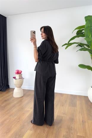 Grow Siyah Cep Detaylı Bel Bağlamalı Gömlek Pantolon Takım