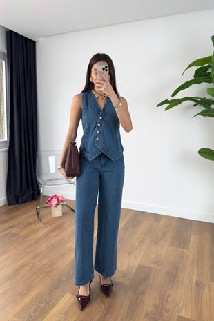 Gulas Mavi Denim Yelek Pantolon Takım