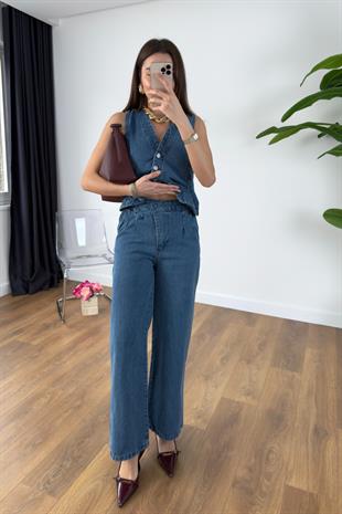 Gulas Mavi Denim Yelek Pantolon Takım