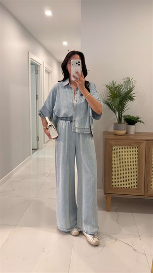 Gustra Mavi Denim Gömlek Pantolon Takım