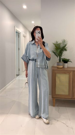 Gustra Mavi Denim Gömlek Pantolon Takım