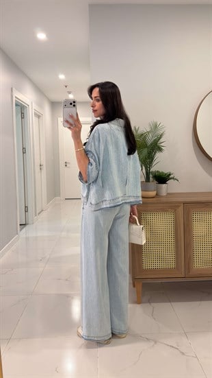 Gustra Mavi Denim Gömlek Pantolon Takım