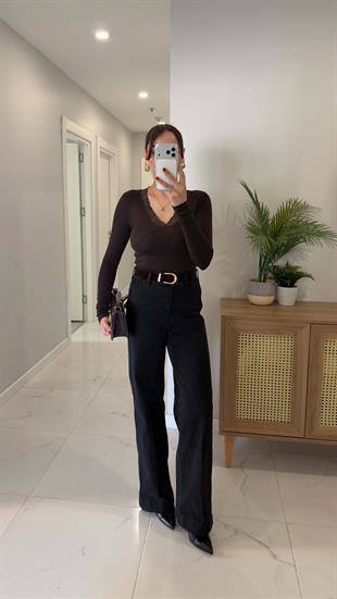 Guysa Koyu Antrasit Kemerli Wıde Leg Jean