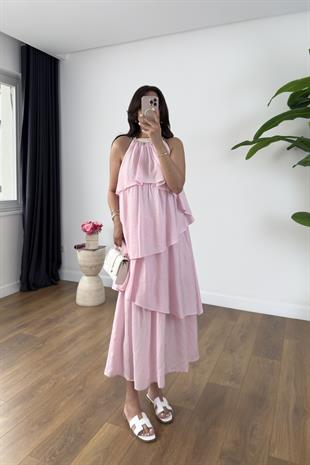 Halsey Pembe Boyun İşlemeli Asimetrik Kesim Elbise