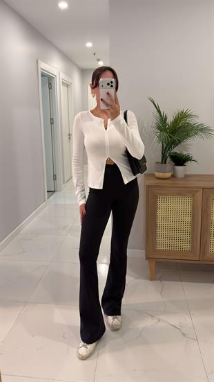 Hedro Siyah Beli Büzgü Detaylı İspanyol Tayt