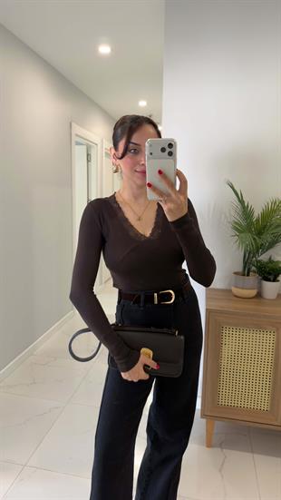 Hefta Kahve Dantel Detaylı Bluz