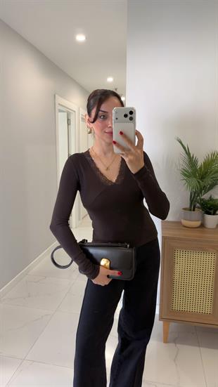 Hefta Kahve Dantel Detaylı Bluz