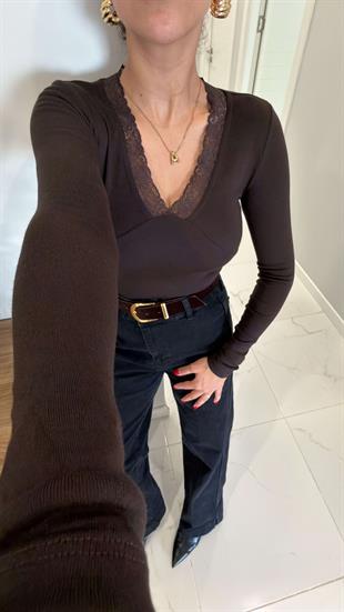 Hefta Kahve Dantel Detaylı Bluz
