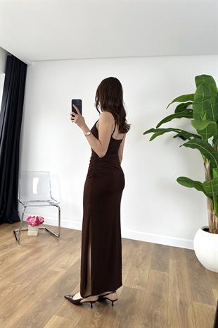 Helan Çikolata Kahve Askılı Drape Elbise