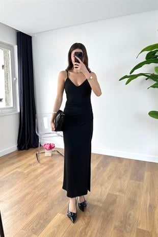 Helan Siyah Askılı Drape Elbise