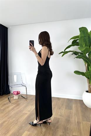 Helan Siyah Askılı Drape Elbise