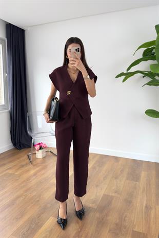 Helina Bordo Gold Düğmeli Yelek Pantolon Takım