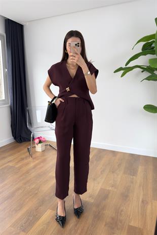 Helina Bordo Gold Düğmeli Yelek Pantolon Takım