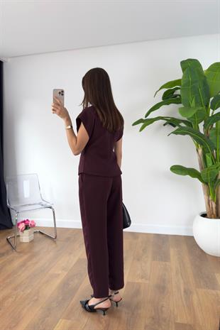 Helina Bordo Gold Düğmeli Yelek Pantolon Takım