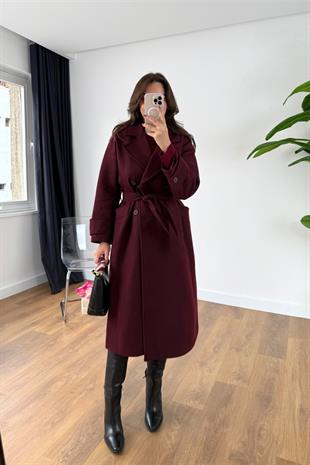 Helna Bordo Kuşak Detaylı Kaban
