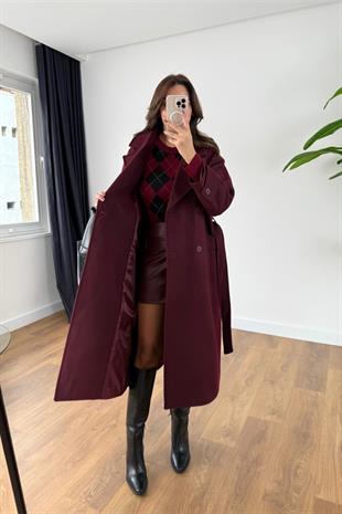 Helna Bordo Kuşak Detaylı Kaban
