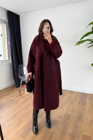 Helna Bordo Kuşak Detaylı Kaban