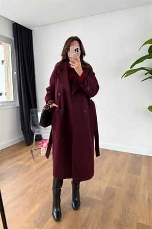 Helna Bordo Kuşak Detaylı Kaban