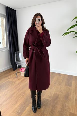 Helna Bordo Kuşak Detaylı Kaban