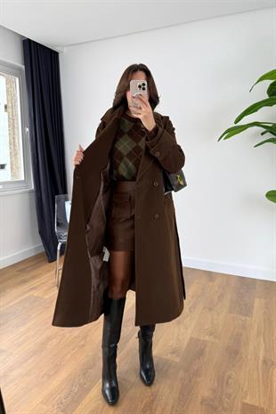 Helna Kahve Kuşak Detaylı Kaban