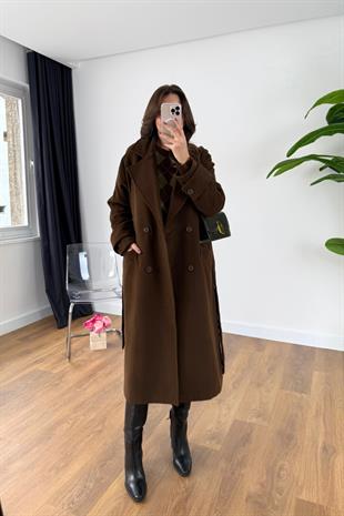 Helna Kahve Kuşak Detaylı Kaban