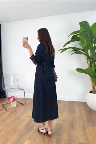 Helsi Dark Blue Gizli Düğmeli Maxi Elbise